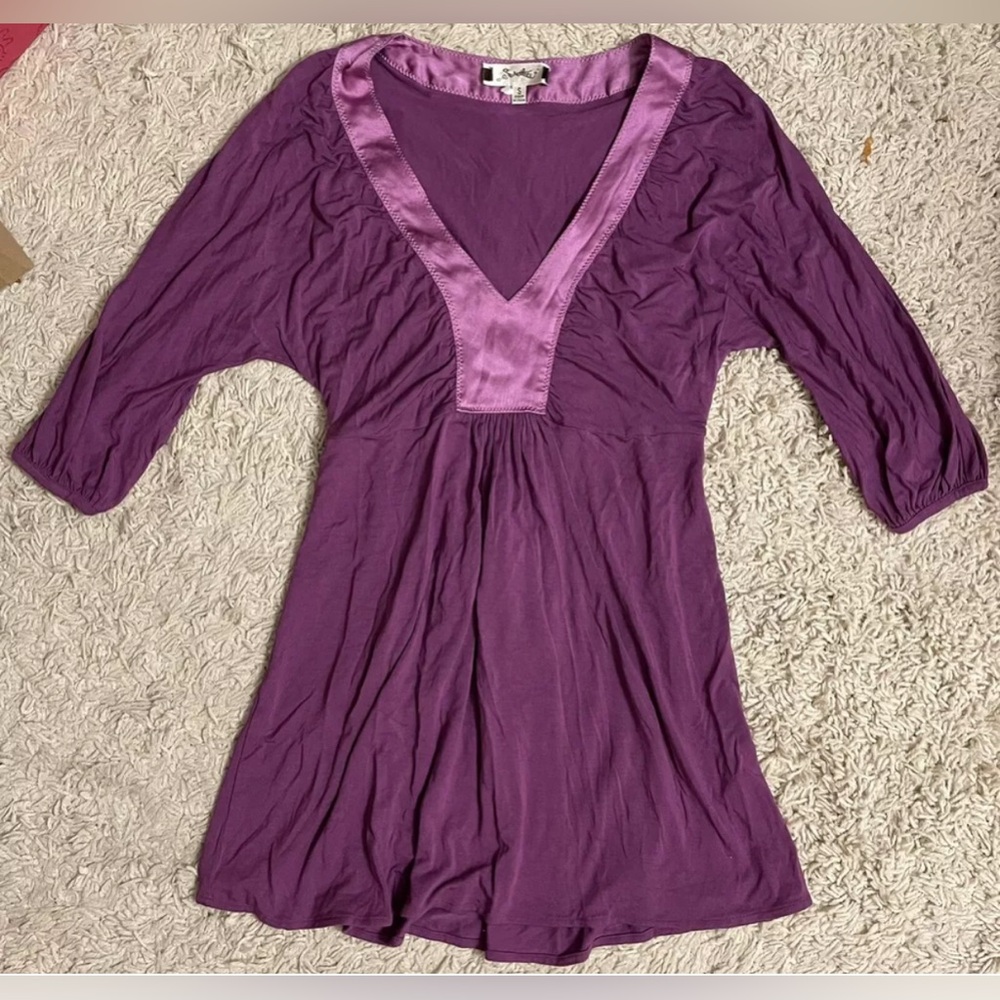 SWEETEES purple v-neck stretchy 3/4 sleeve tie waist Shirt top blouse Small S 4